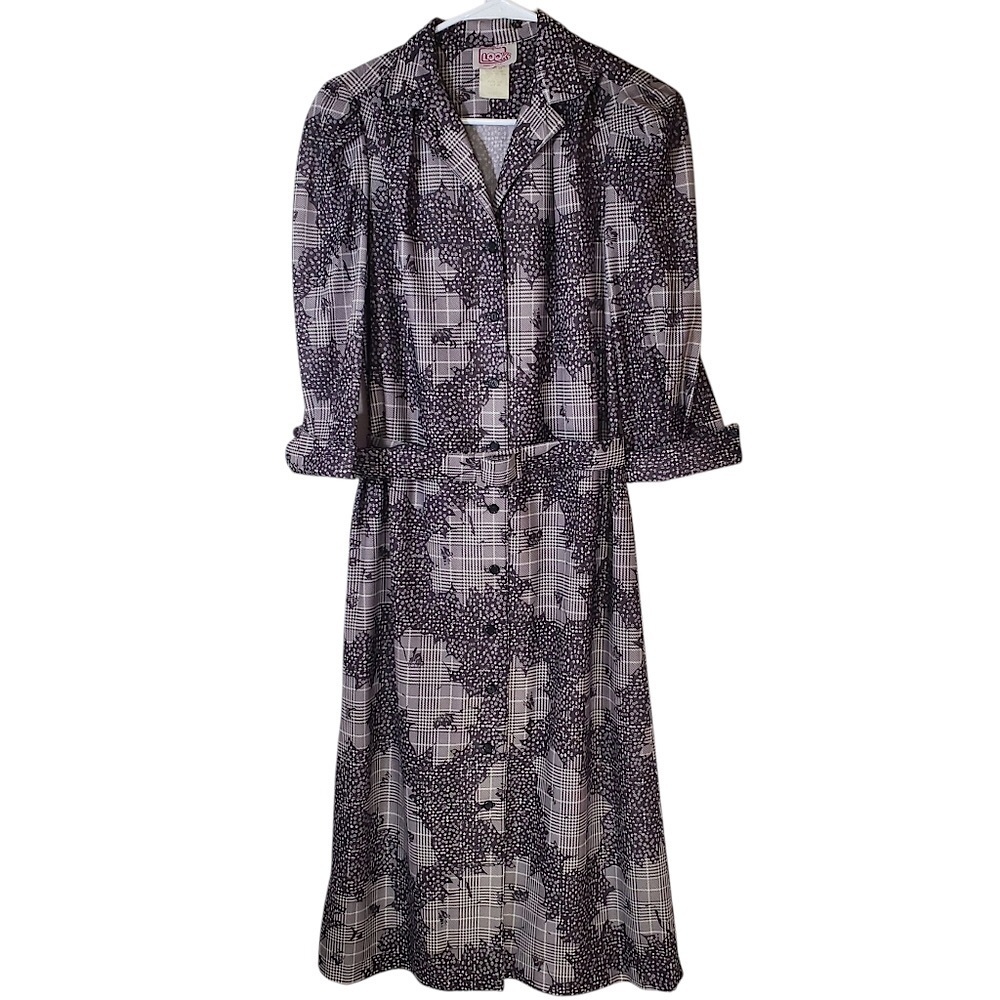 7569 * California Looks Plaid Floral Belted Dress Black White Size 10